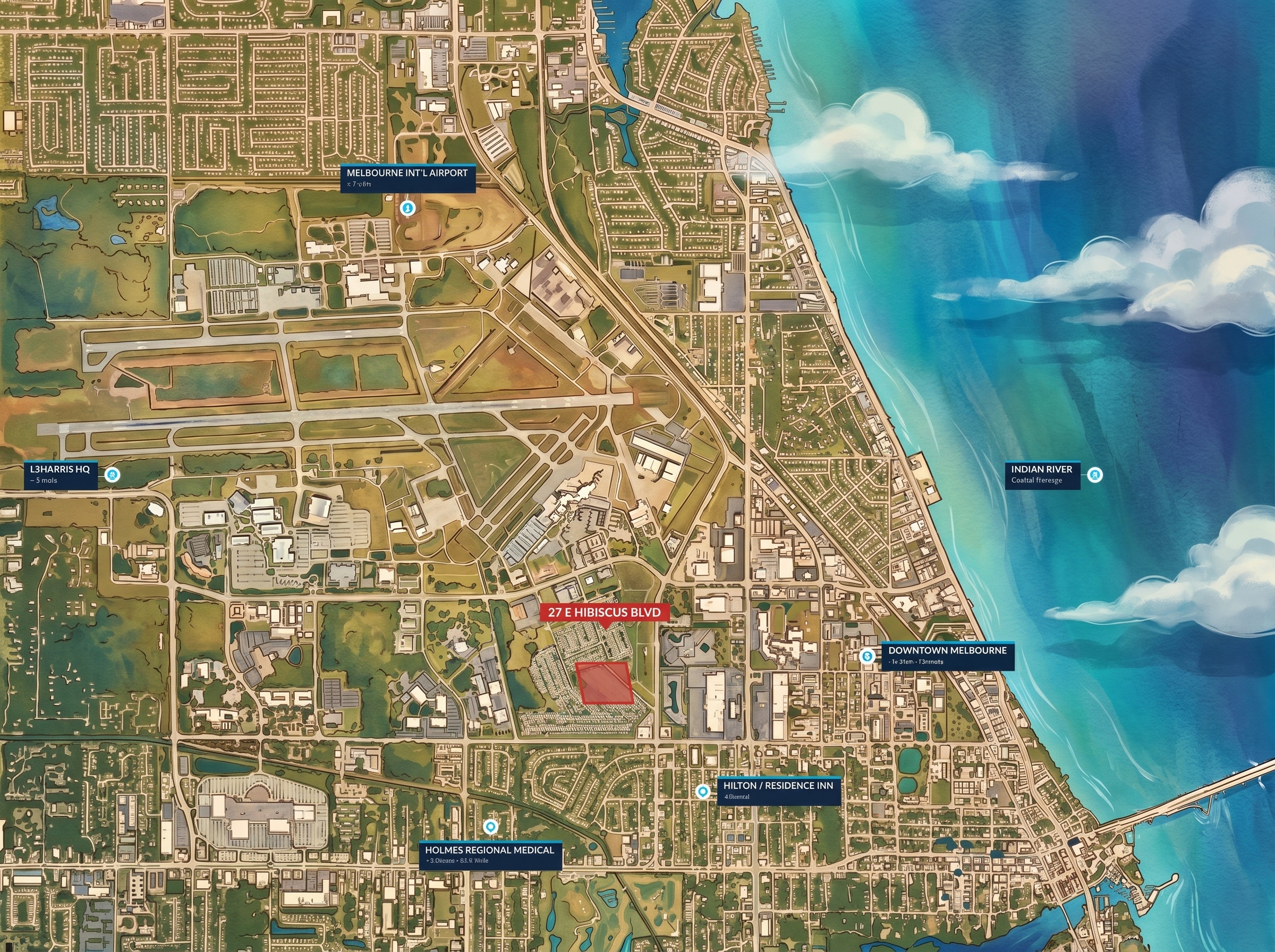 Aerial map of Melbourne, FL showing 27 East Hibiscus Boulevard, Holmes Regional Medical Center, MLB International Airport, L3Harris HQ, and surrounding demand drivers